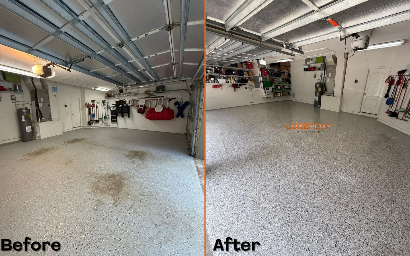 Piso de garaje antes y después de la instalación de resina Luxepoxy